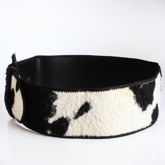 Vintage Norma Kamali OMO Cow Print Wide Belt Black White Faux Fur Leather 90s main image 3